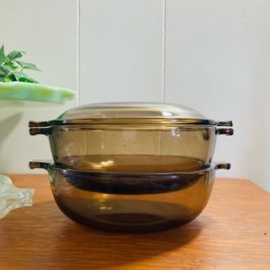 2 Vintage Pyrex 019 Amber Casseroles